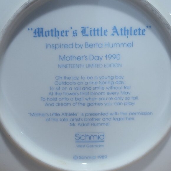Schmid Hummel Mothers Day 1990 Mothers Little Athlete Decorative Wall Hanging Pl - Picture 5 of 11